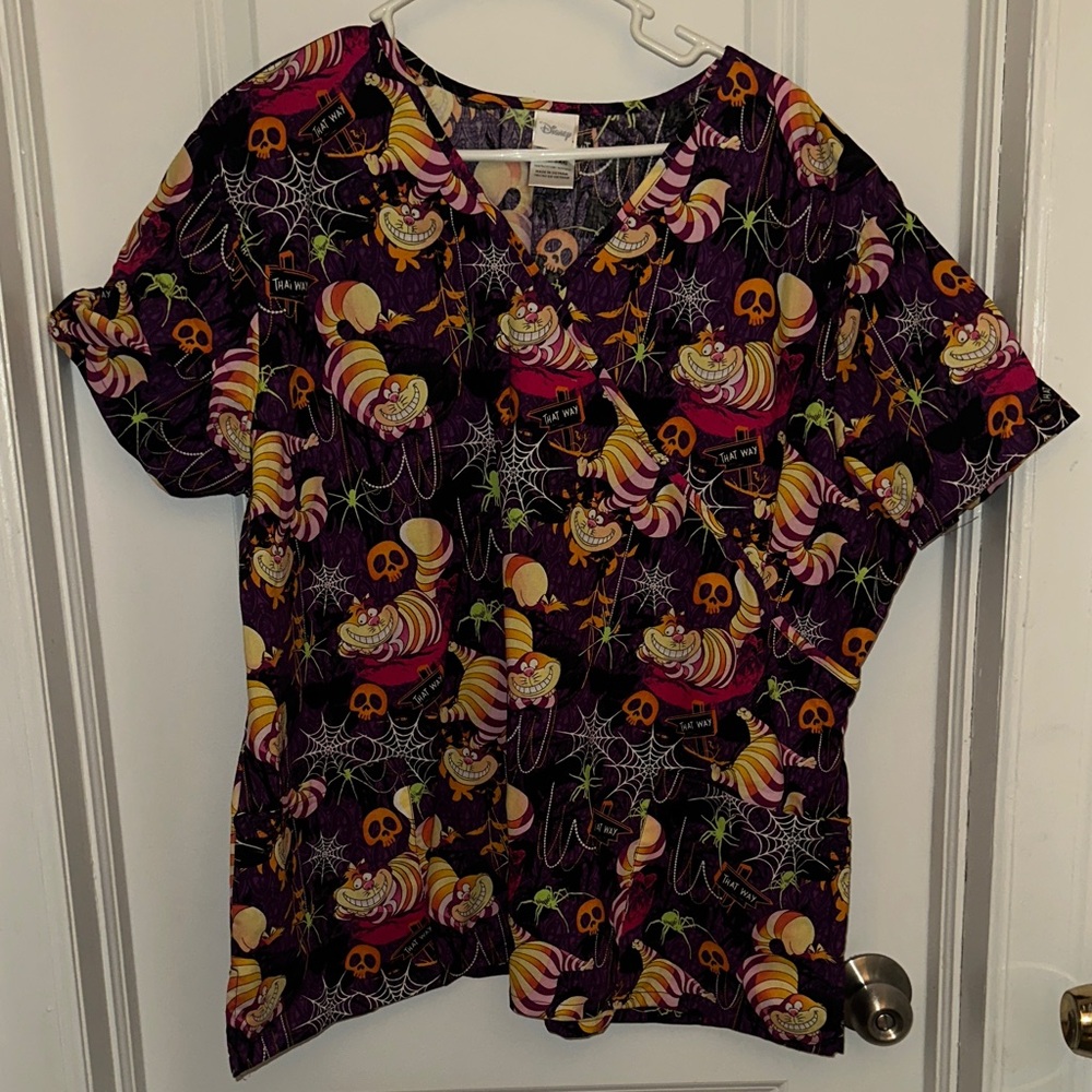 Disney Cheshire Cat Halloween Scrub Top - Black, Purple & Orange Accents
